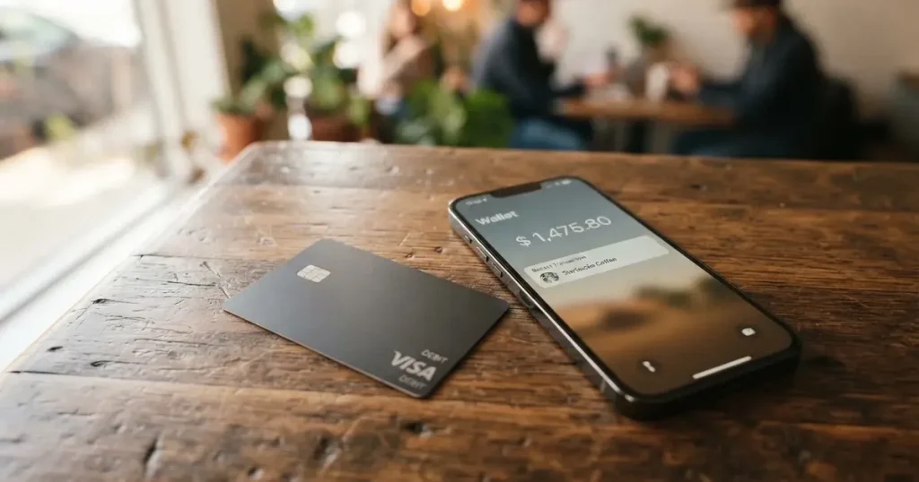 A payment card next to a phone with a crypto wallet app open