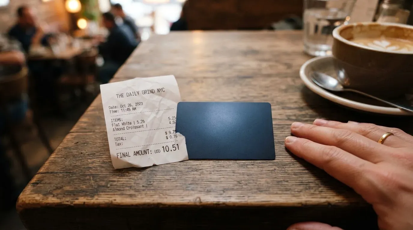 A receipt and a card on a café table