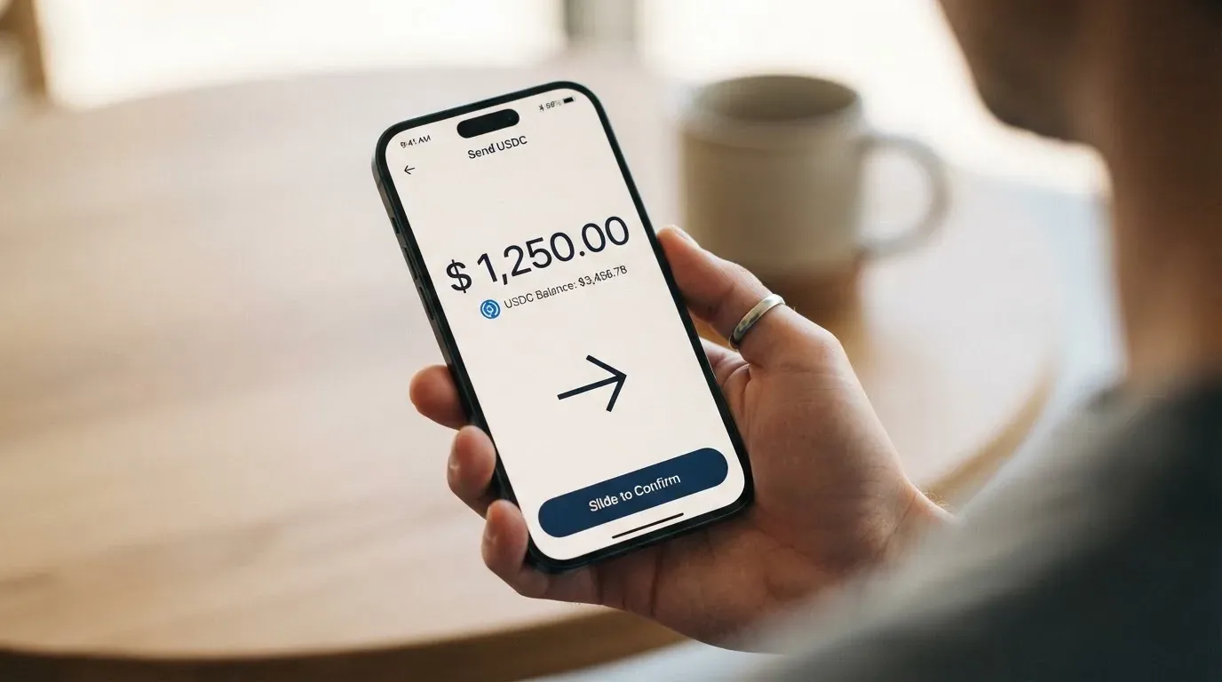 A phone showing a stablecoin transfer screen