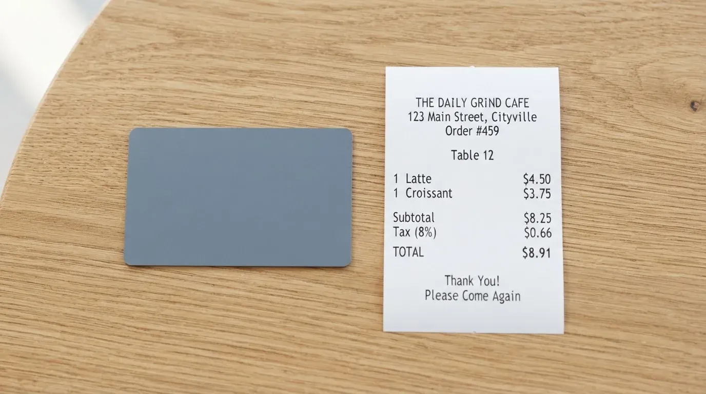 A receipt and a card on a café table