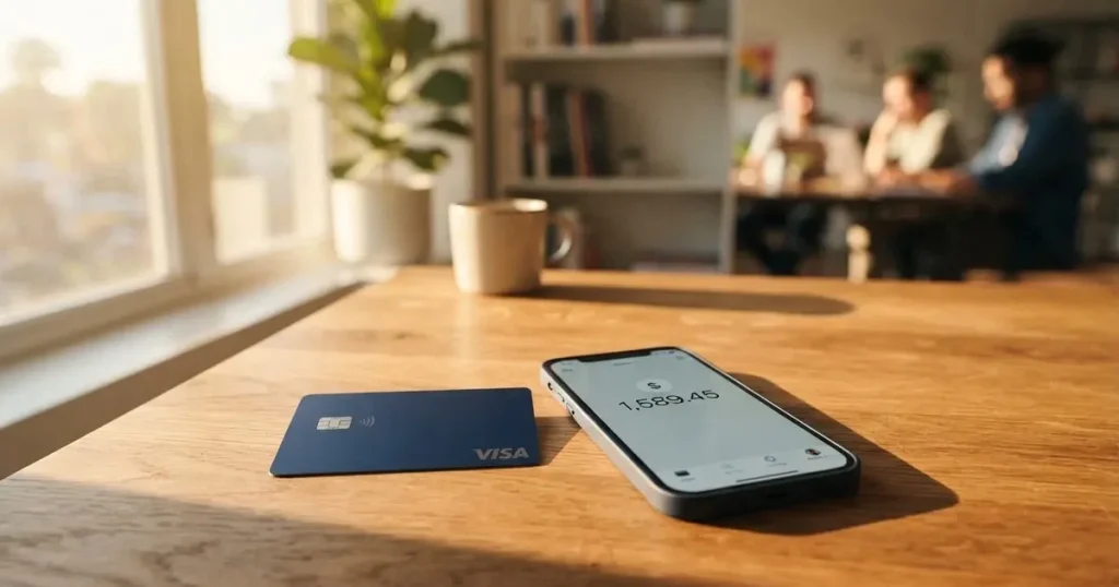 A payment card next to a phone with a crypto wallet app open