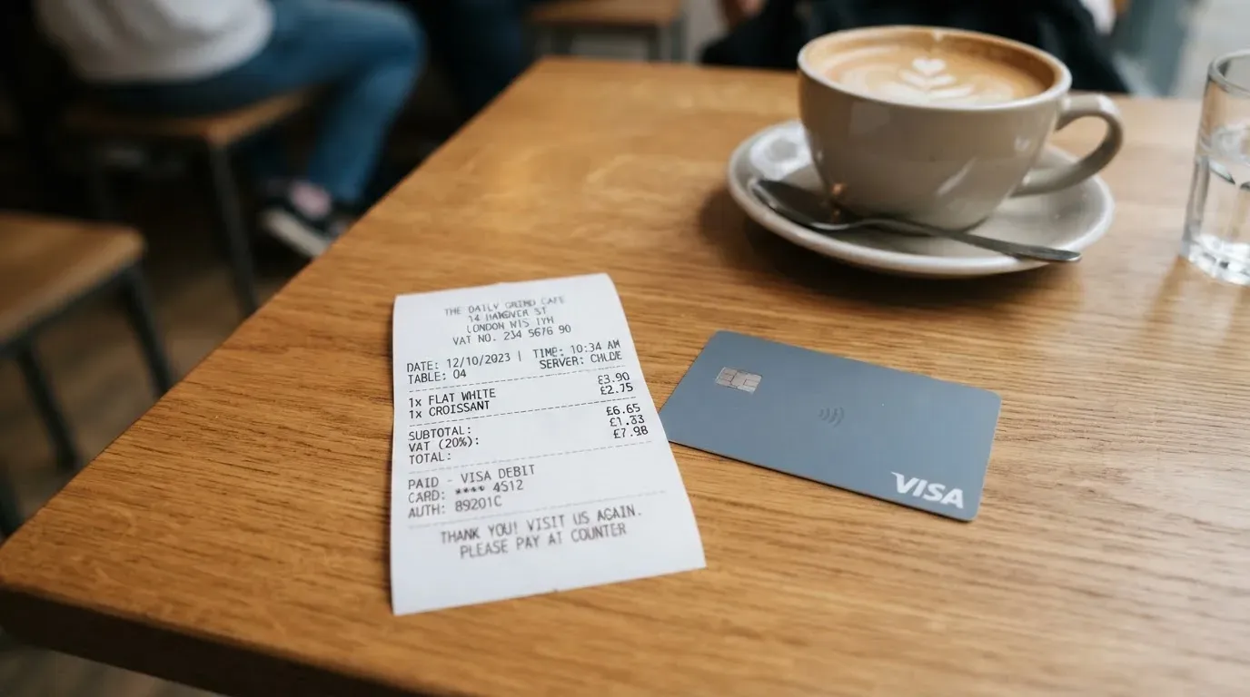 A receipt and a card on a café table
