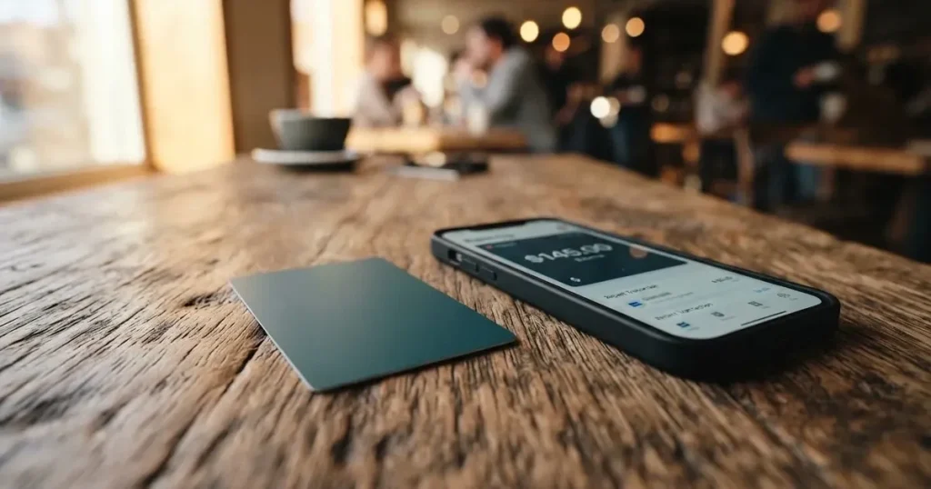 A payment card next to a phone with a crypto wallet app open