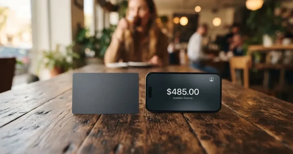 A payment card next to a phone with a crypto wallet app open