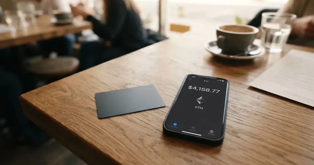 A payment card next to a phone with a crypto wallet app open