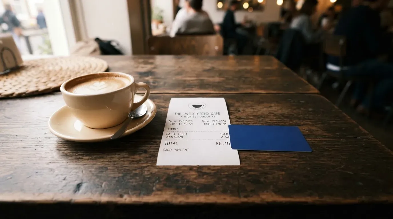 A receipt and a card on a café table