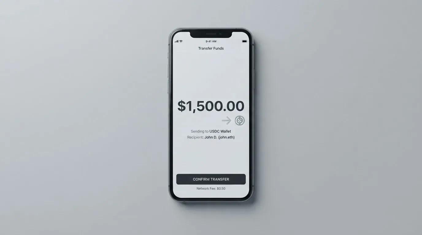 A phone showing a stablecoin transfer screen