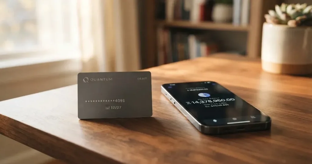 A payment card next to a phone with a crypto wallet app open