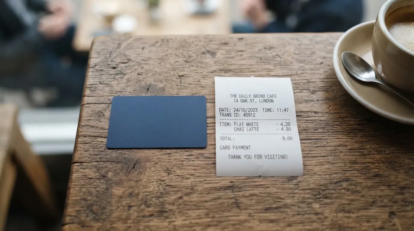 A receipt and a card on a café table