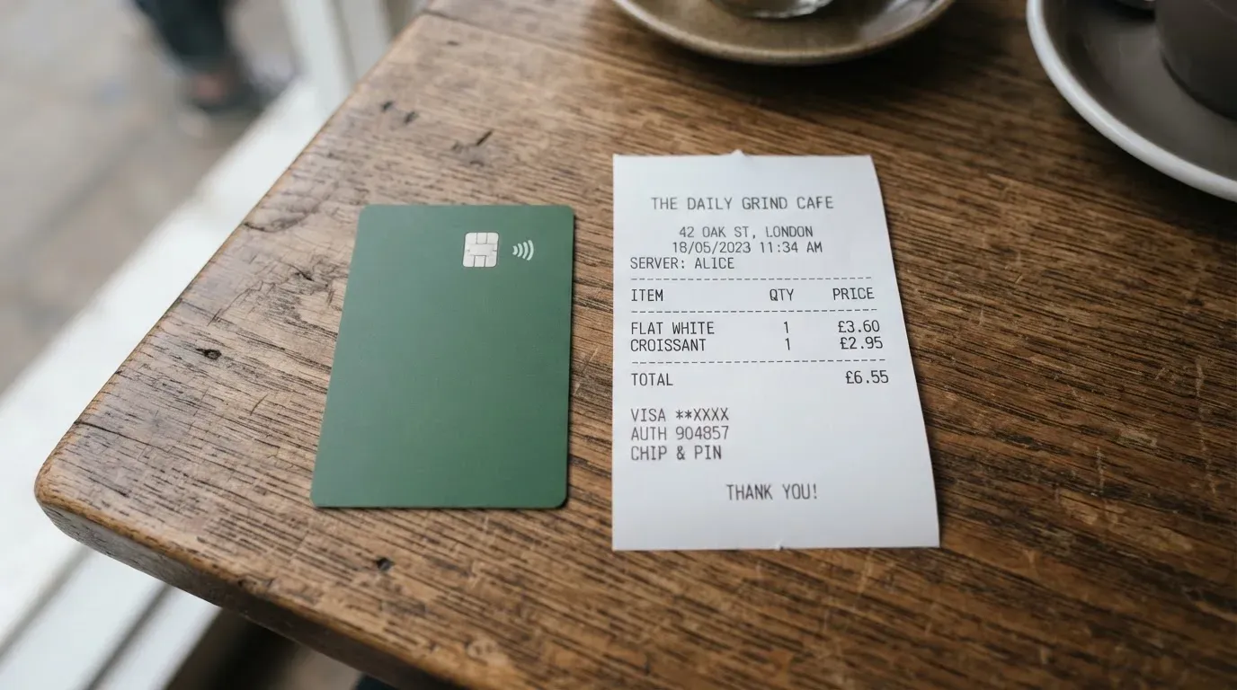 A receipt and a card on a café table