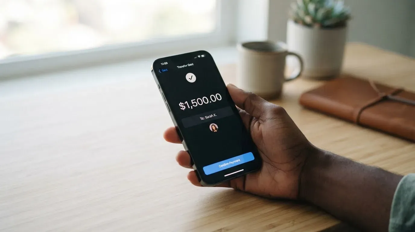 A phone showing a stablecoin transfer screen