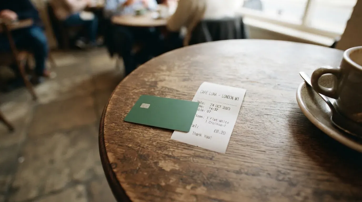 A receipt and a card on a café table