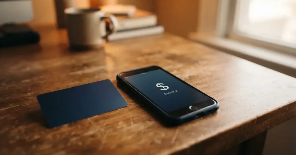 A payment card next to a phone with a crypto wallet app open