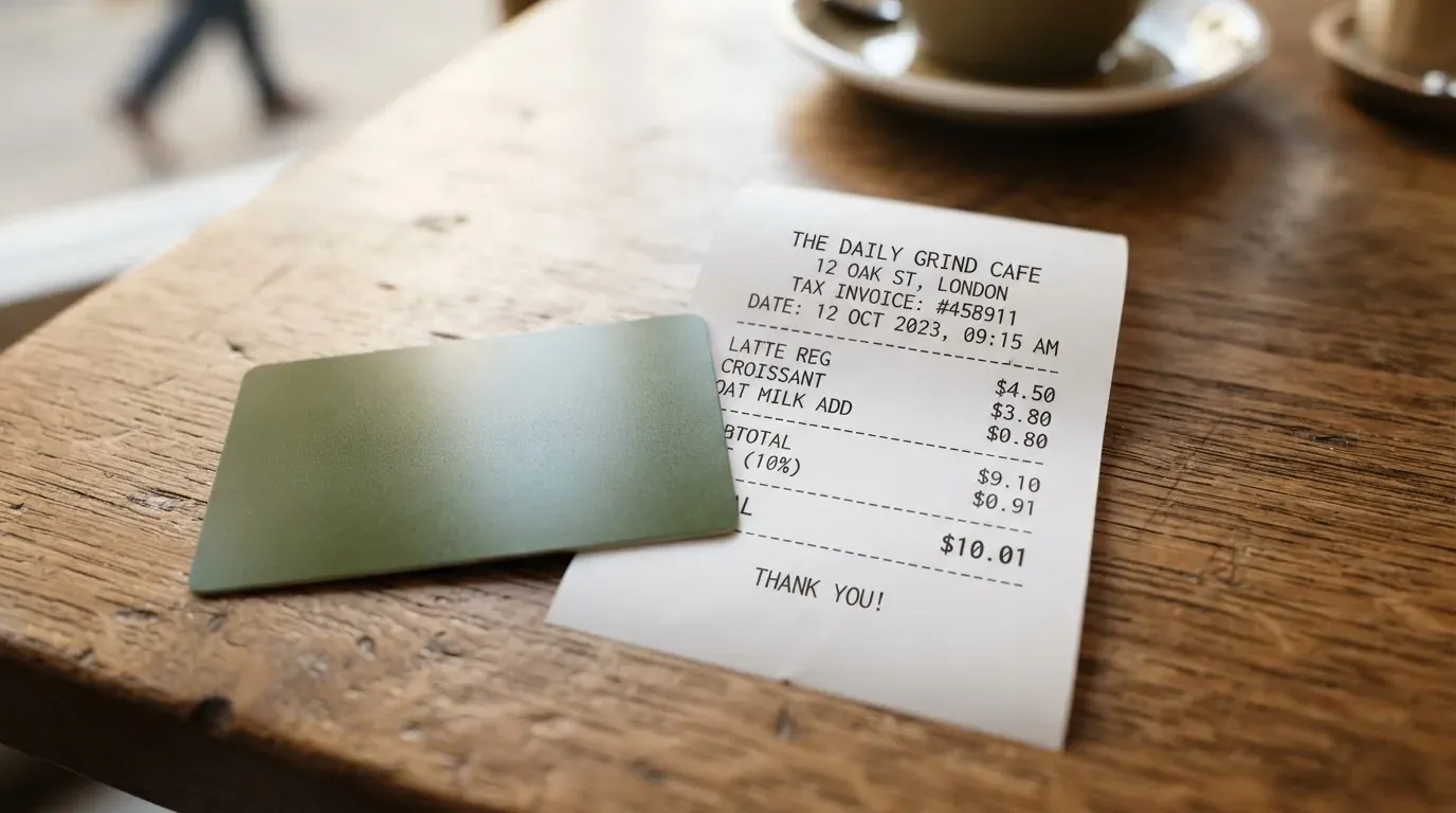 A receipt and a card on a café table