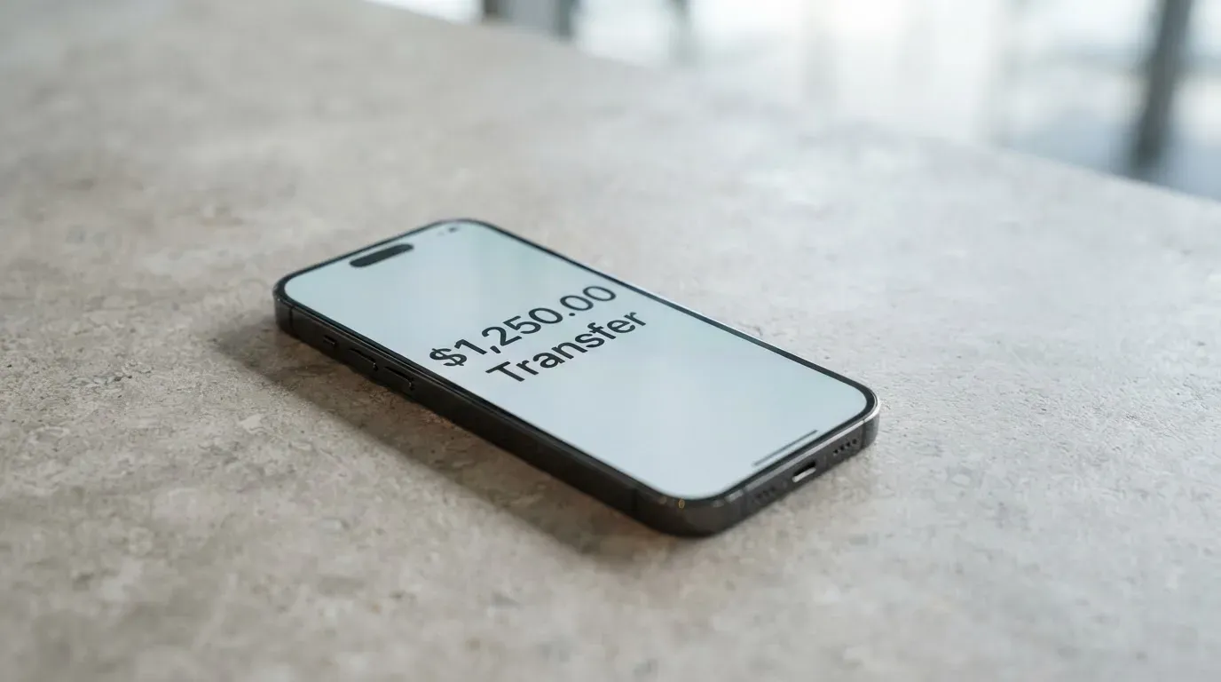 A phone showing a stablecoin transfer screen