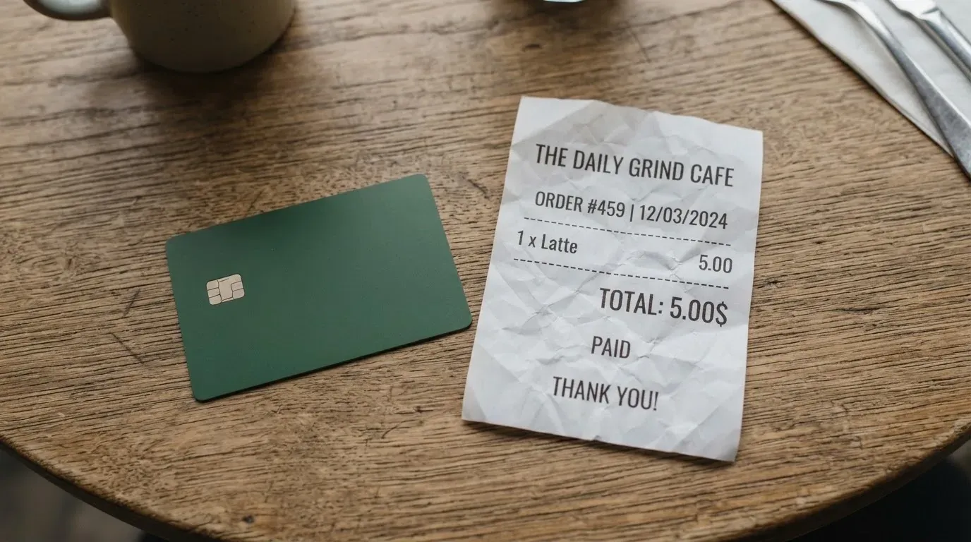 A receipt and a card on a café table