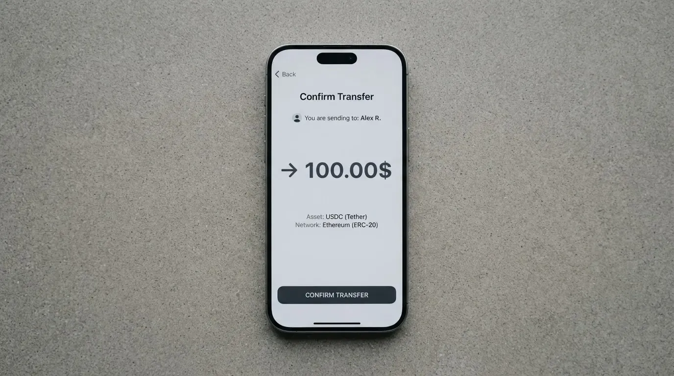 A phone showing a stablecoin transfer screen