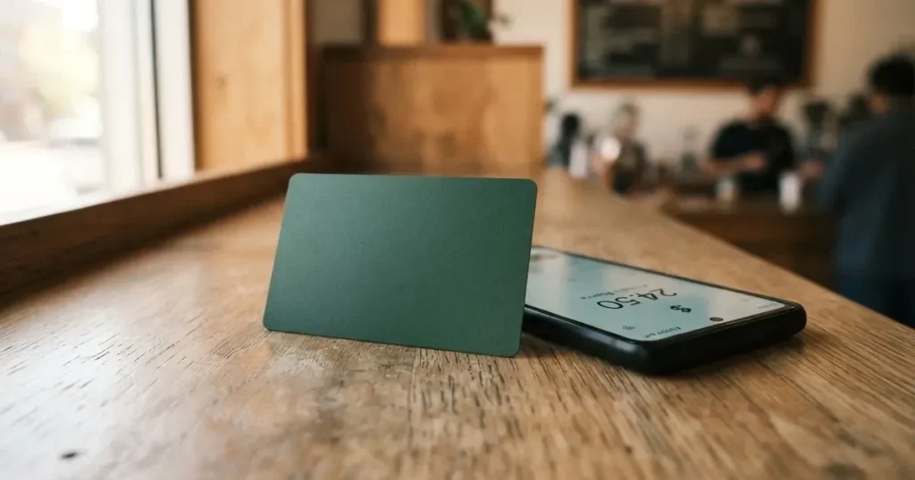 A payment card next to a phone with a crypto wallet app open