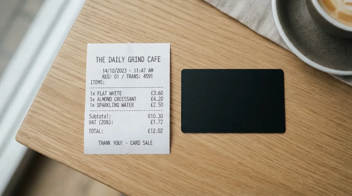 A receipt and a card on a café table