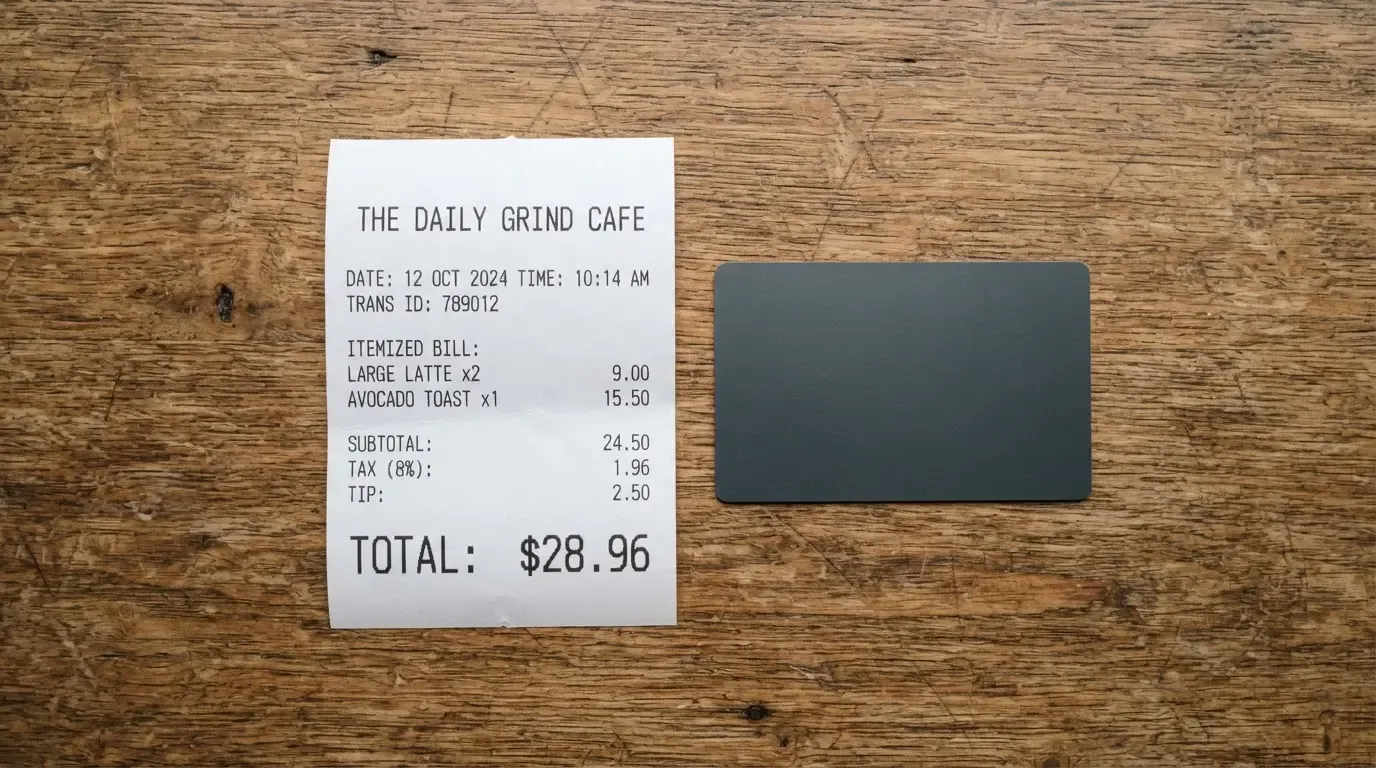 A receipt and a card on a café table
