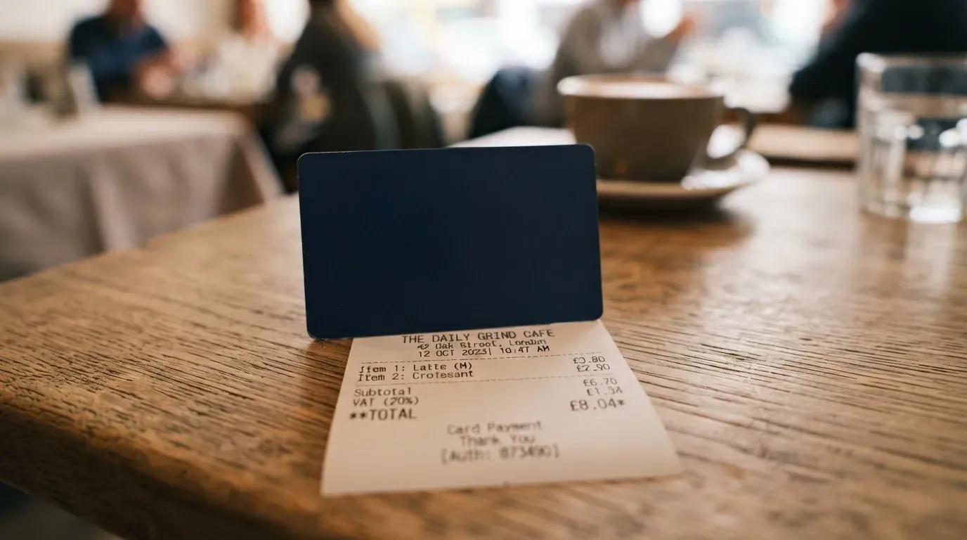 A receipt and a card on a café table