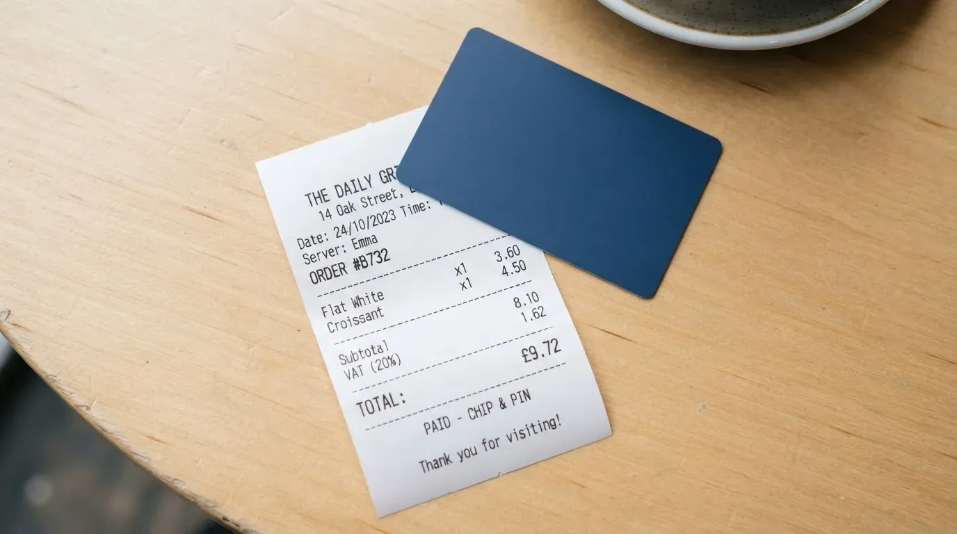 A receipt and a card on a café table
