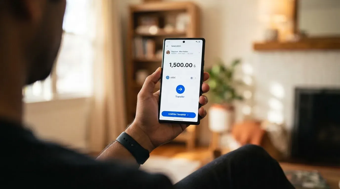 A phone showing a stablecoin transfer screen