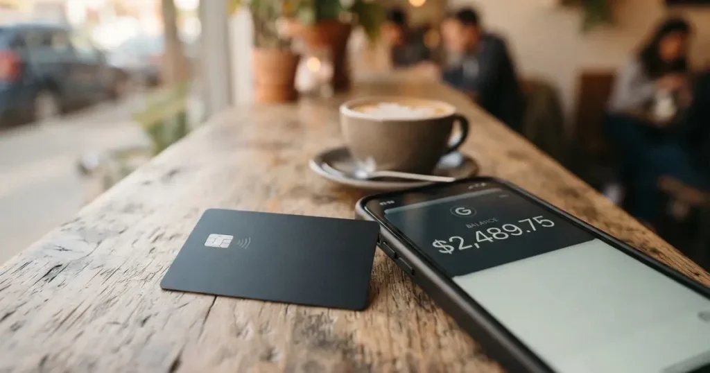 A payment card next to a phone with a crypto wallet app open