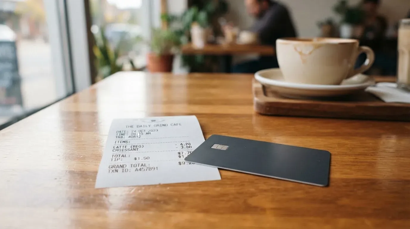 A receipt and a card on a café table