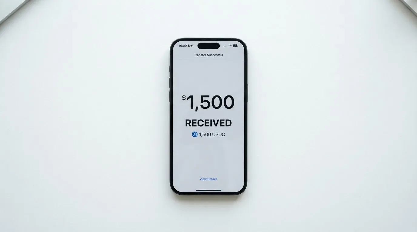 A phone showing a stablecoin transfer screen