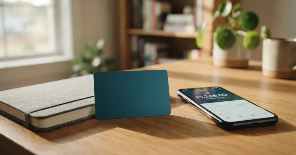 A payment card next to a phone with a crypto wallet app open