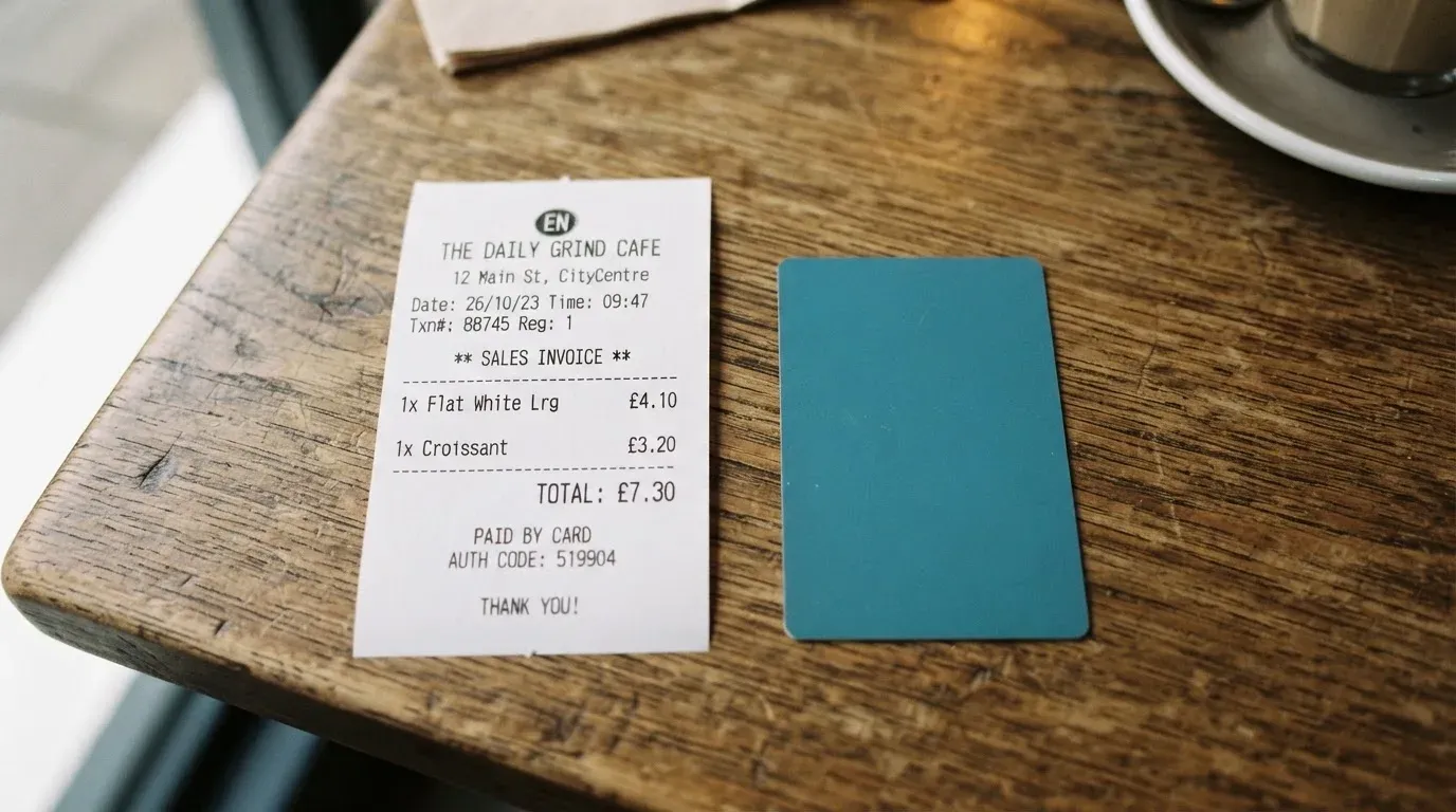 A receipt and a card on a café table