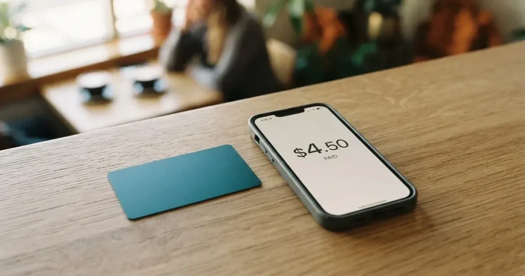 A payment card next to a phone with a crypto wallet app open