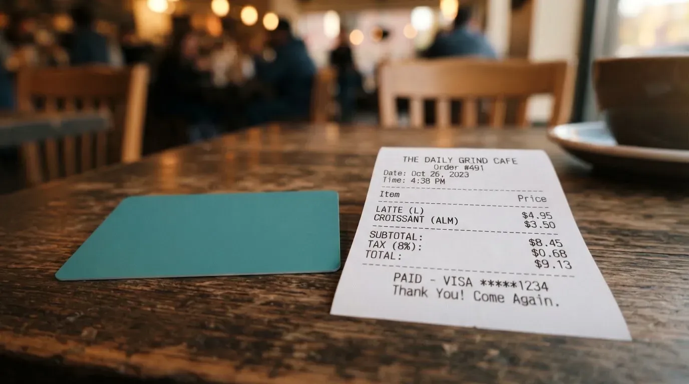 A receipt and a card on a café table