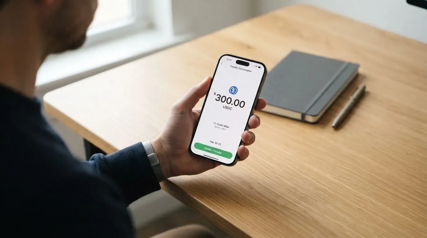 A phone showing a stablecoin transfer screen