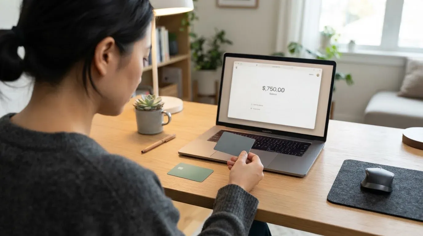 A person comparing two payment cards at a desk with a laptop