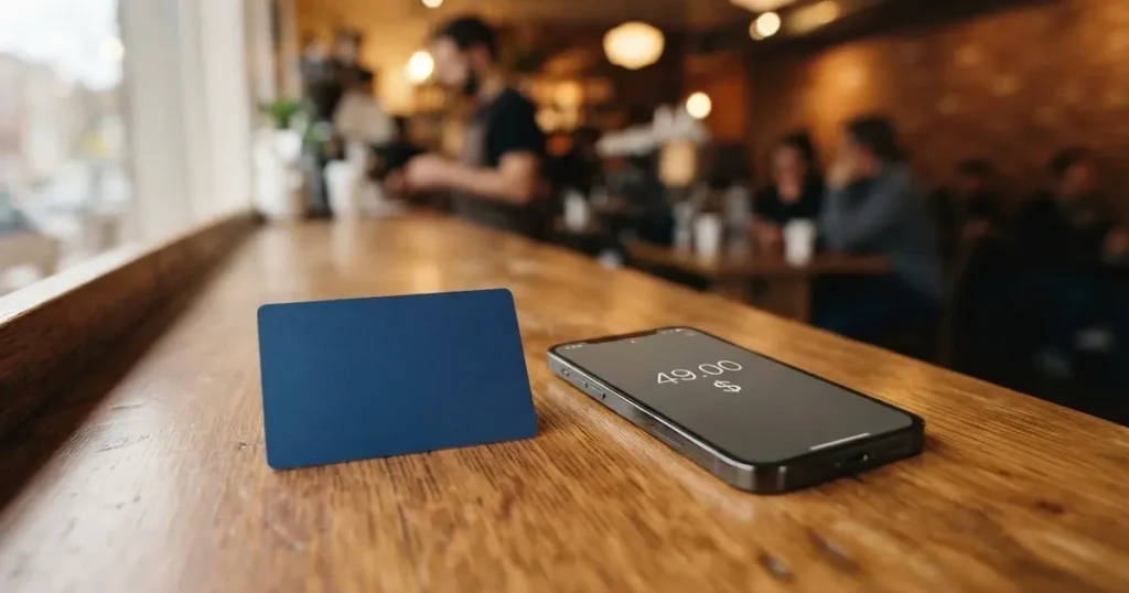 Several payment cards fanned out next to a phone with a crypto wallet app