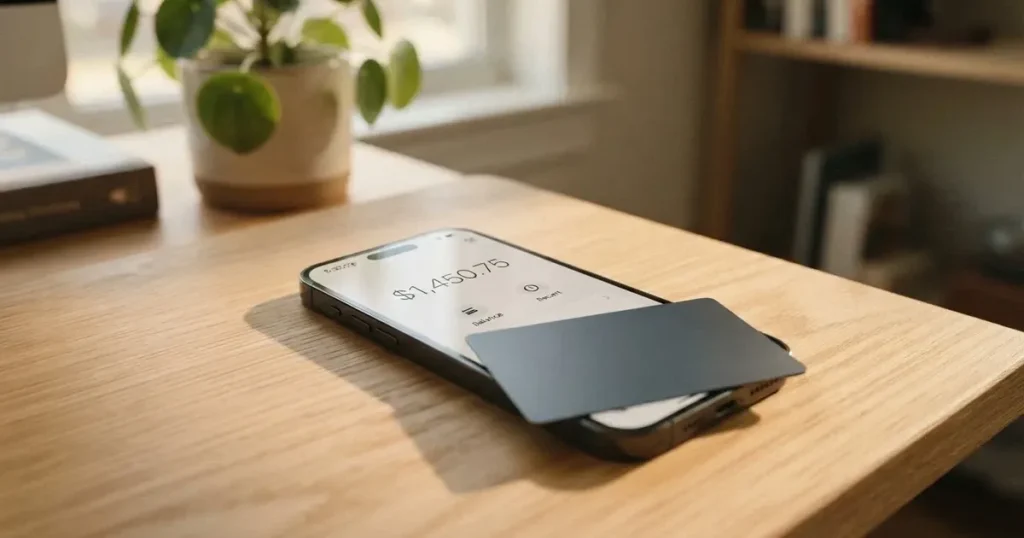 A payment card next to a phone with a crypto wallet app open