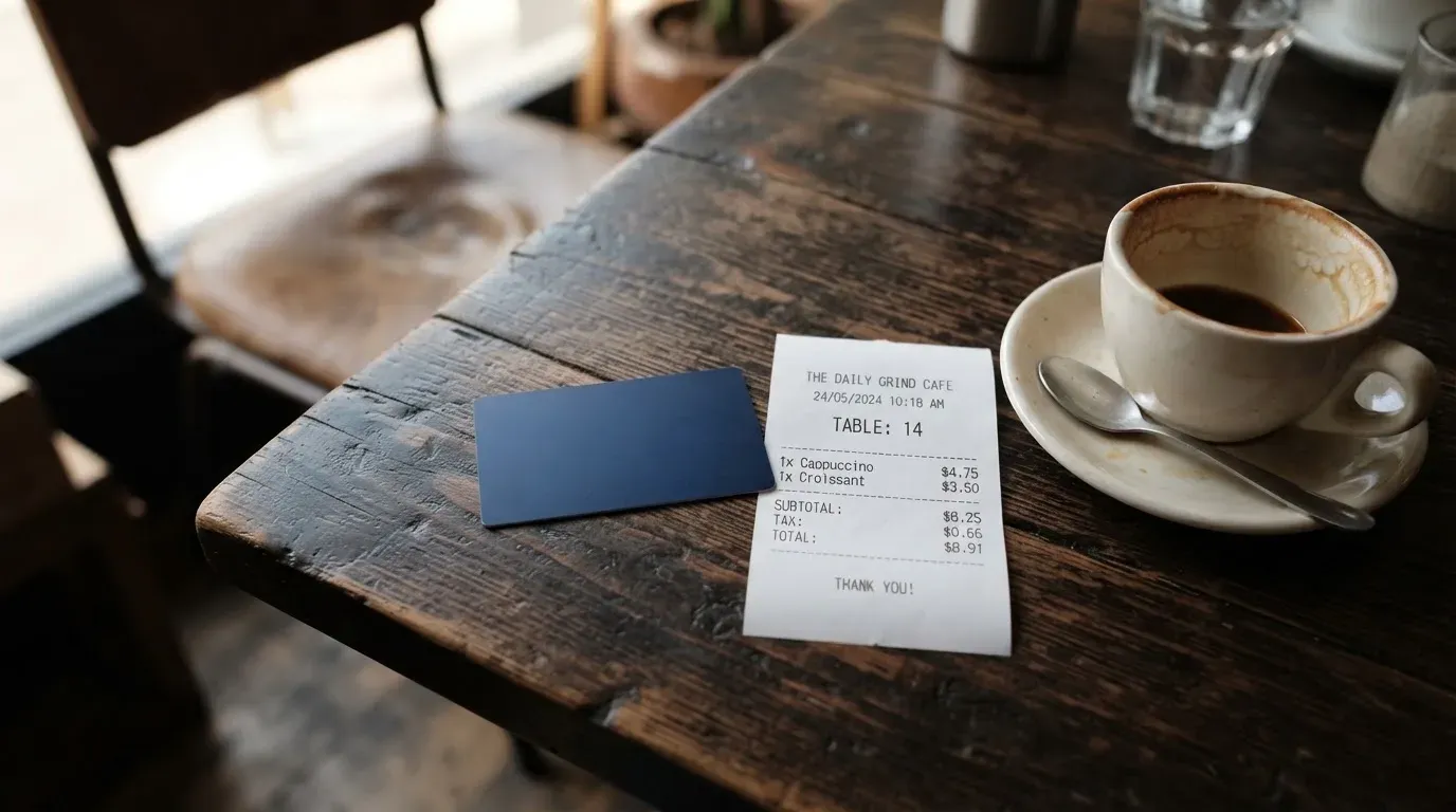 A receipt and a card on a café table