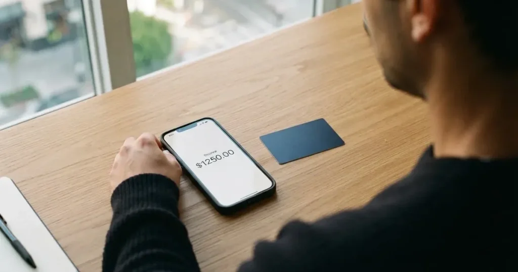 A payment card next to a phone with a crypto wallet app open