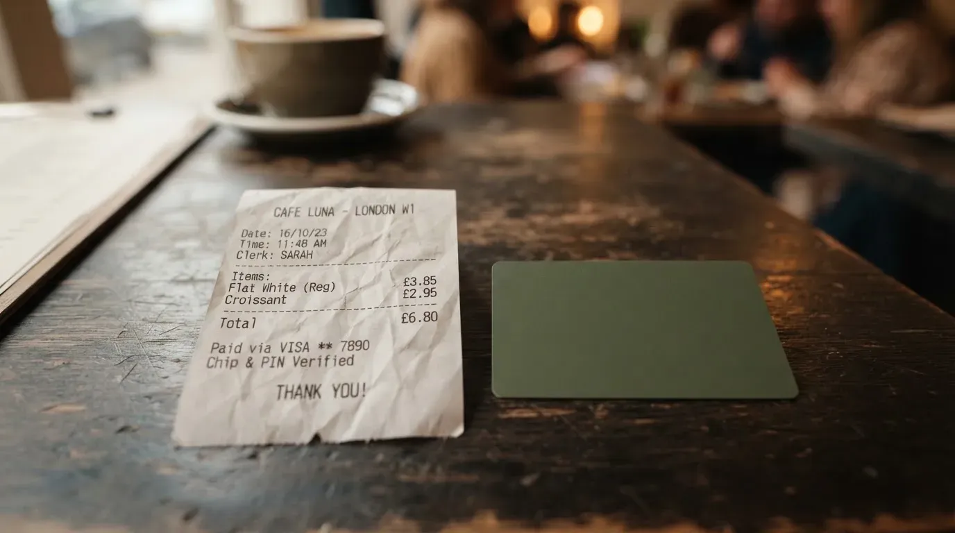 A receipt and a card on a café table