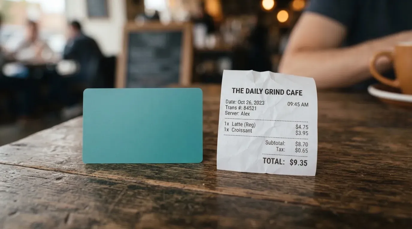 A receipt and a card on a café table