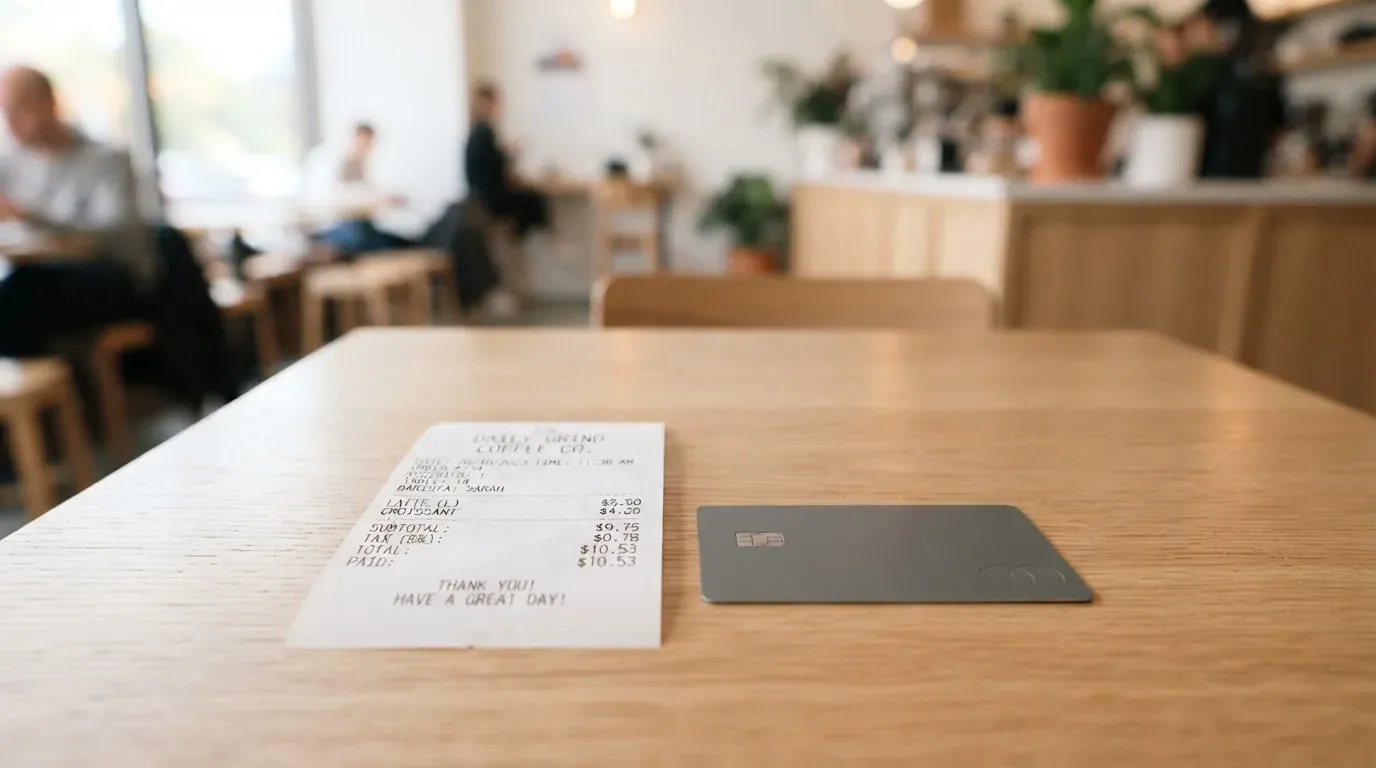 A receipt and a card on a café table