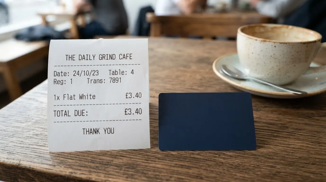 A receipt and a card on a café table