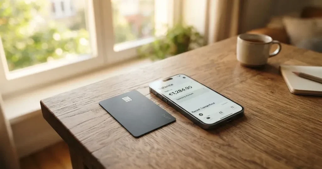 A payment card next to a phone with a crypto wallet app open
