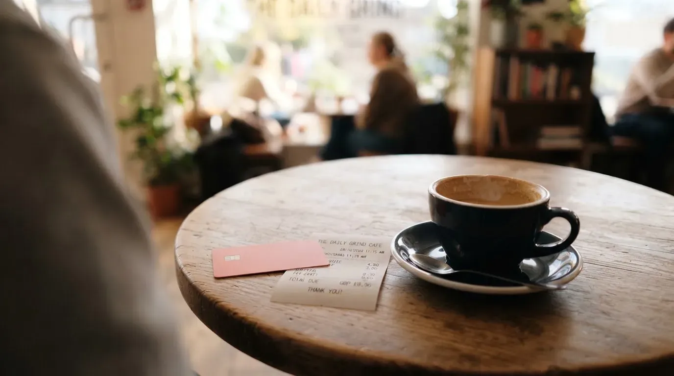 A receipt and a card on a café table