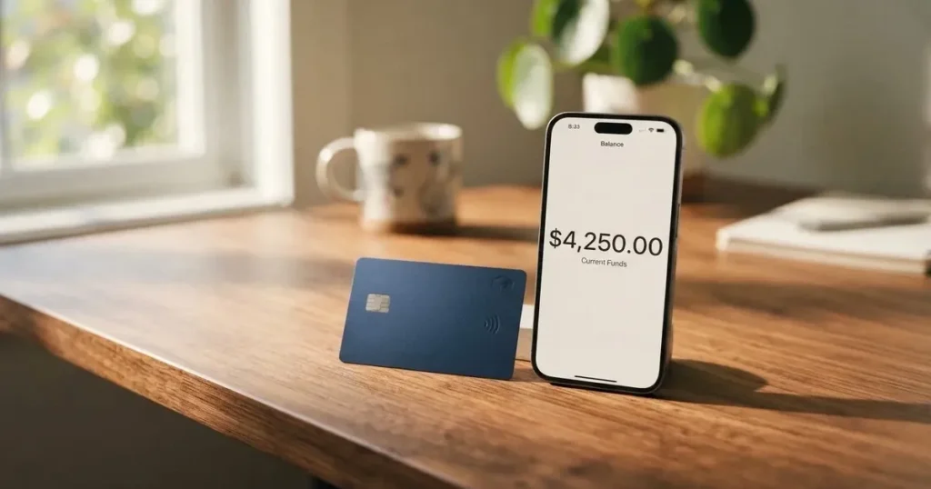 A payment card next to a phone with a crypto wallet app open