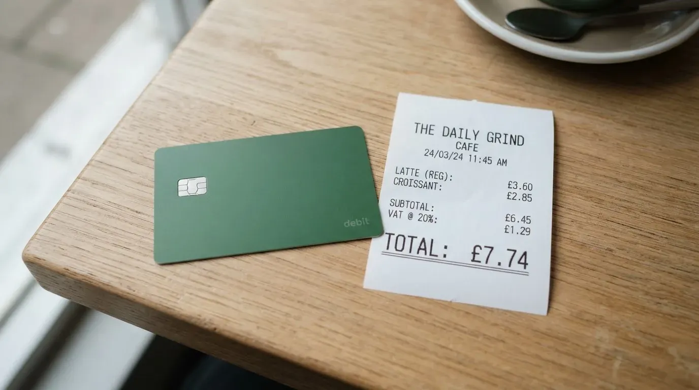 A receipt and a card on a café table