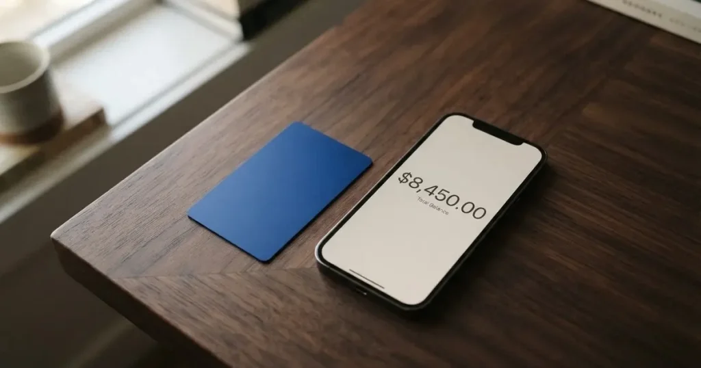 A payment card next to a phone with a crypto wallet app open
