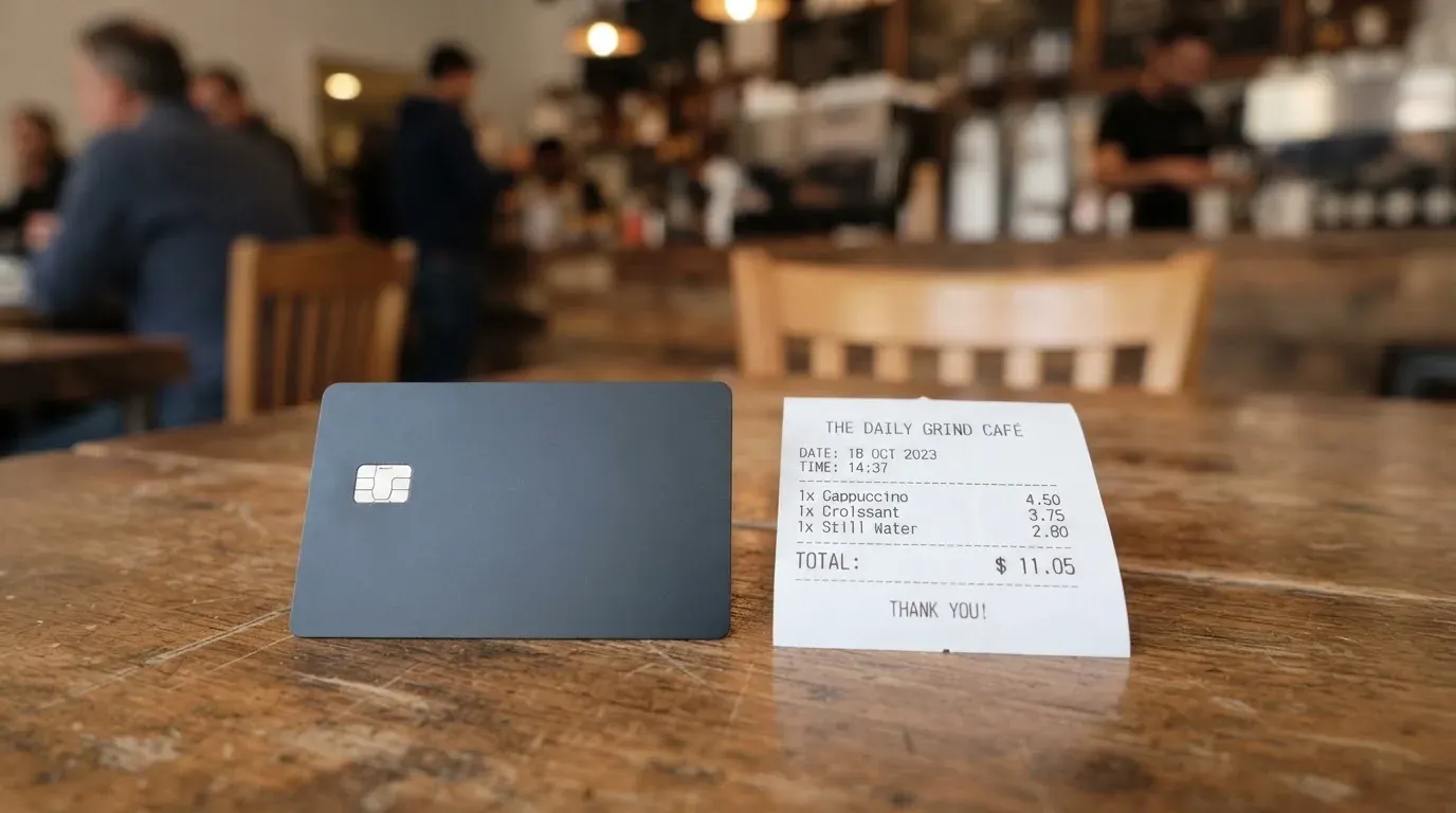 A receipt and a card on a café table